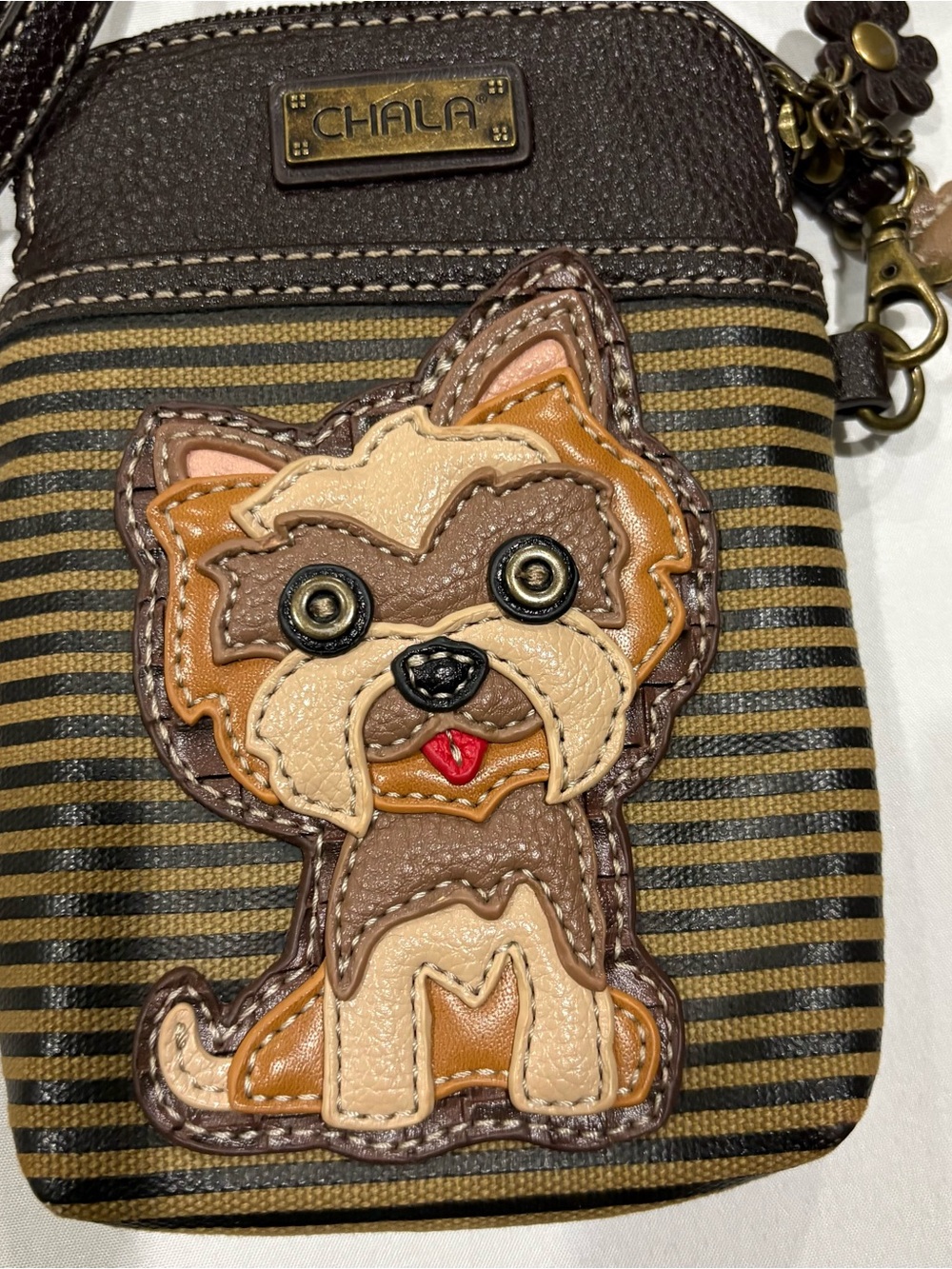 Chala Brown, Tan and Cream Striped Crossbody with Dog Appliqué